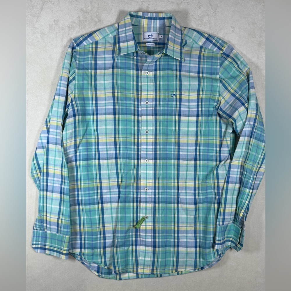 Southern Tide Size Medium Linen Cotton Blend Aqua and Blue Plaid Shirt Fish Logo